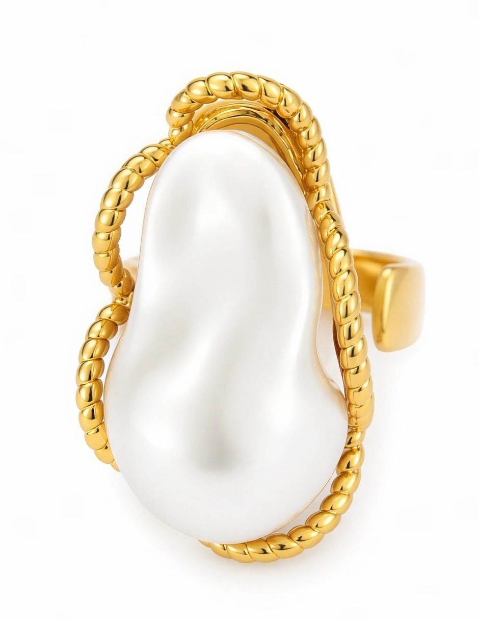Anillo nácar de aleación de metal imitación perla baño de oro 9