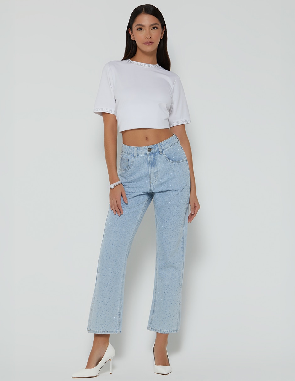 Jeans regular bota cintura denim claro cristal para mujer 2