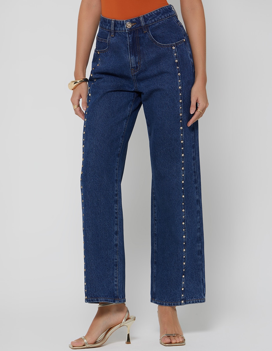 Jeans regular bota cintura denim cristal para mujer