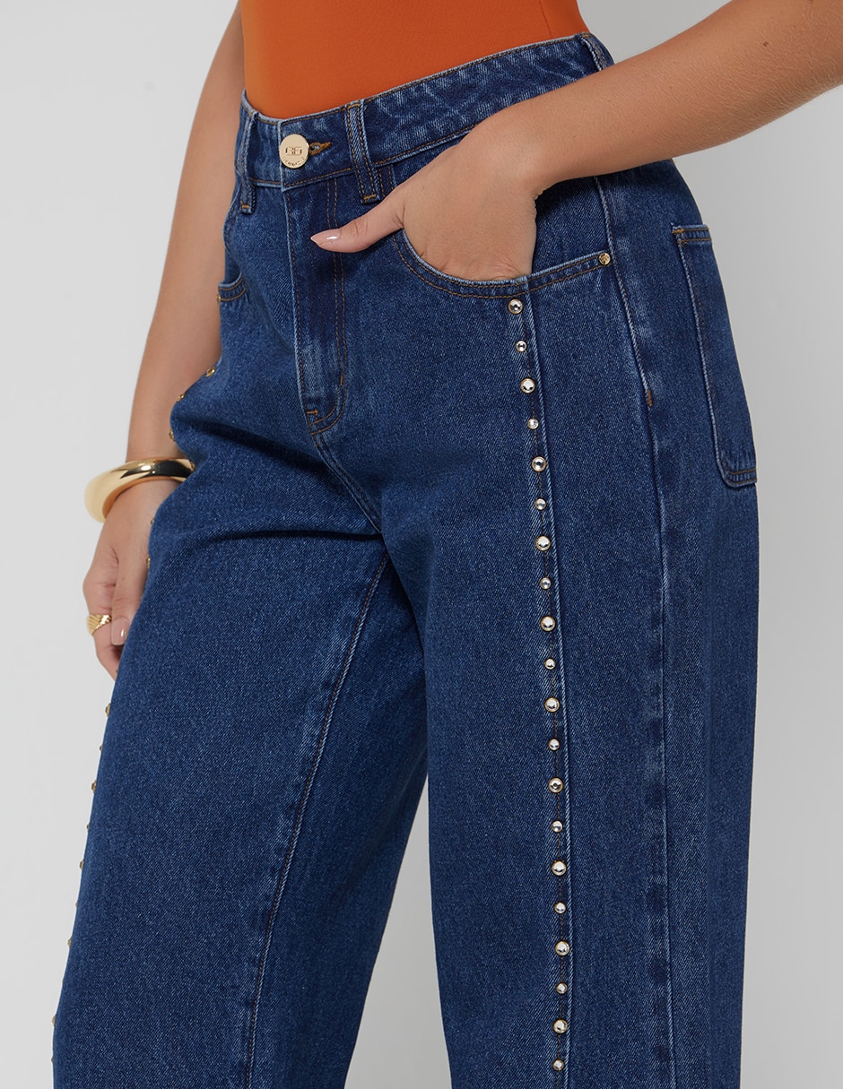 Jeans regular bota cintura denim cristal para mujer 3