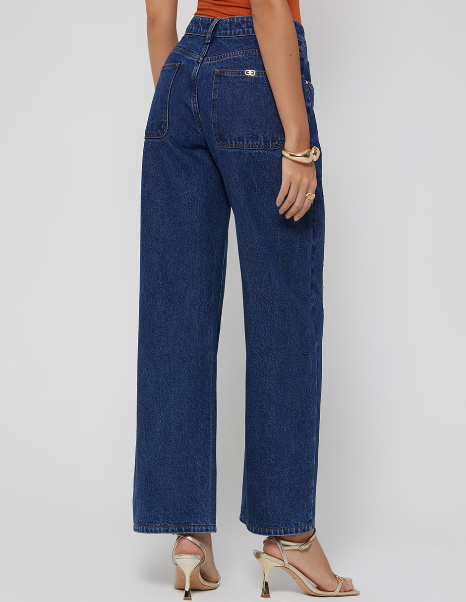 Jeans regular bota cintura denim cristal para mujer 4
