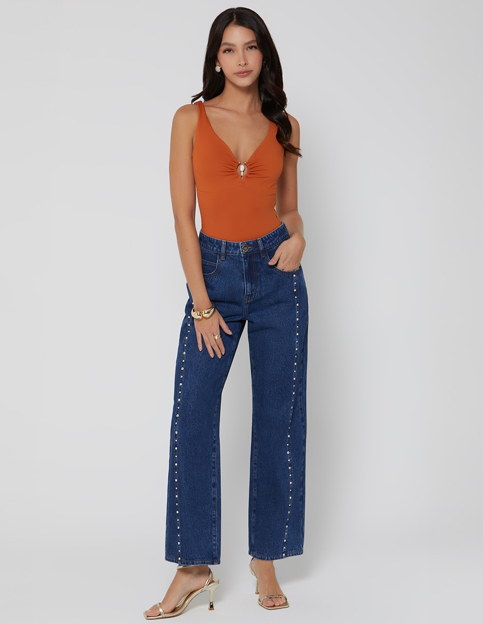 Jeans regular bota cintura denim cristal para mujer 5