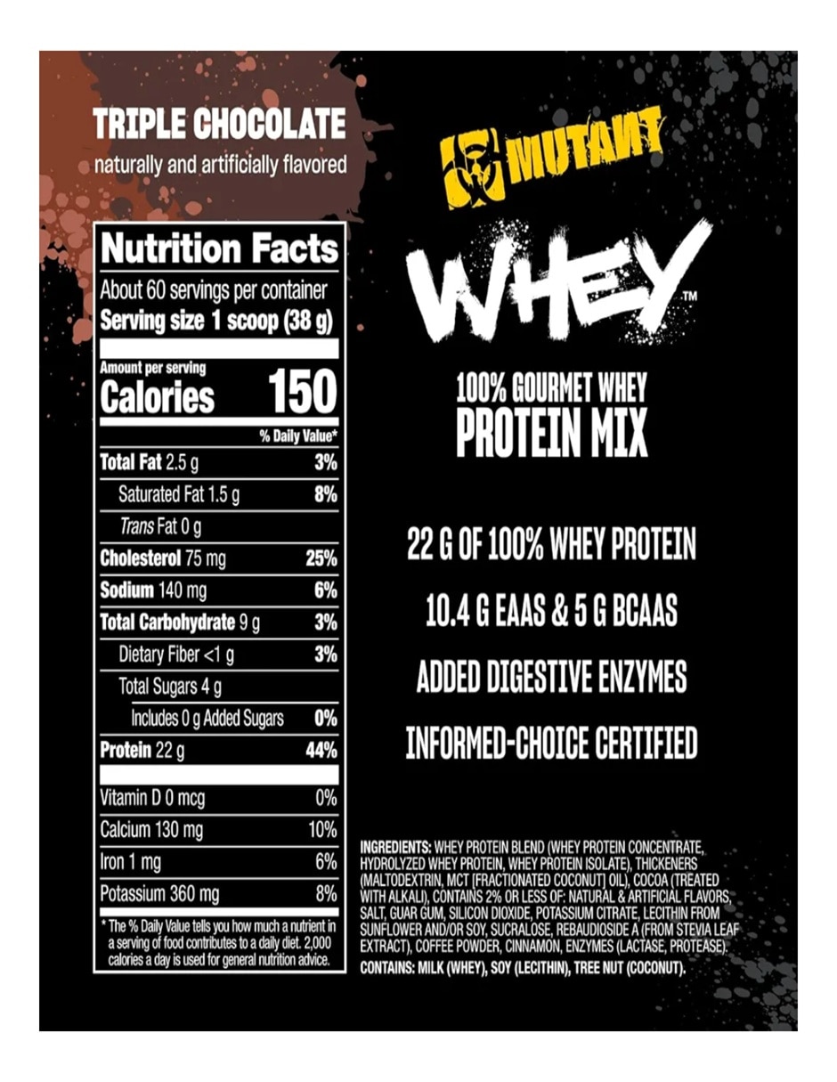 Proteina Whey Mutant Musculo 60 serv con Proteína Whey y Probióticos sabor Triple chocolate de 3