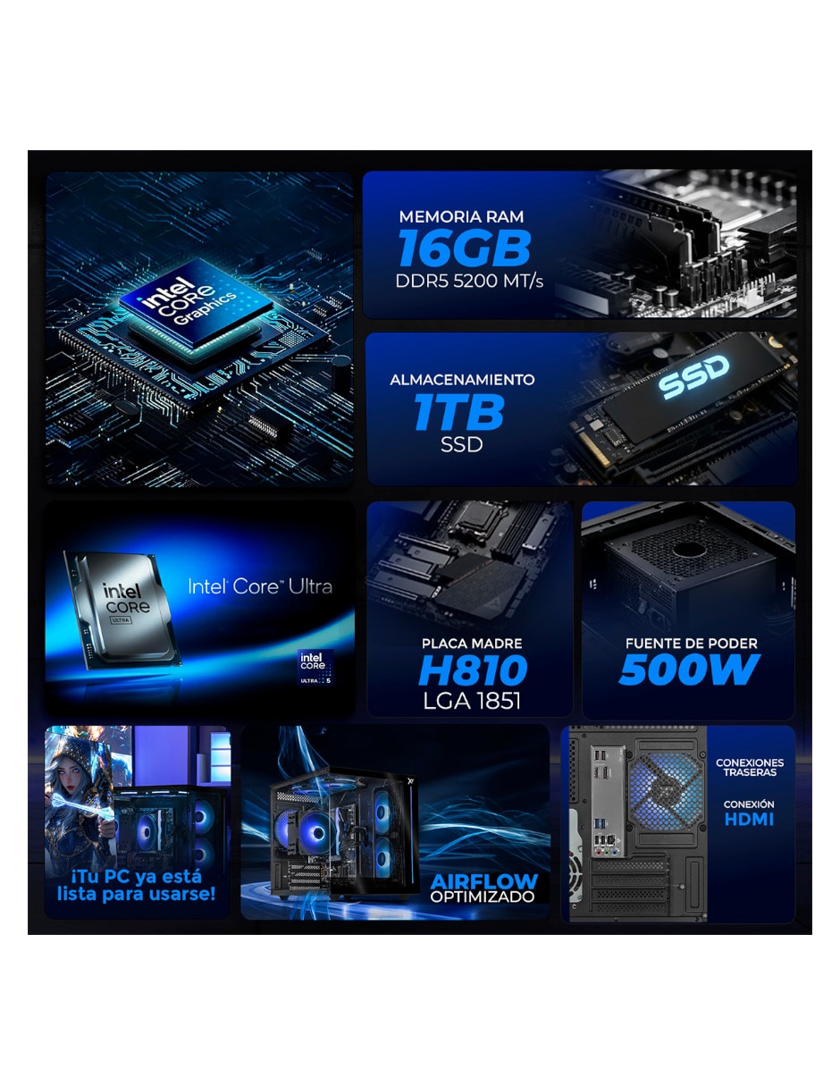 No incluye monitor No incluye monitor Intel core ultra 5 Integradas 16 GB RAM No aplica 1 TB SSD No aplica 6