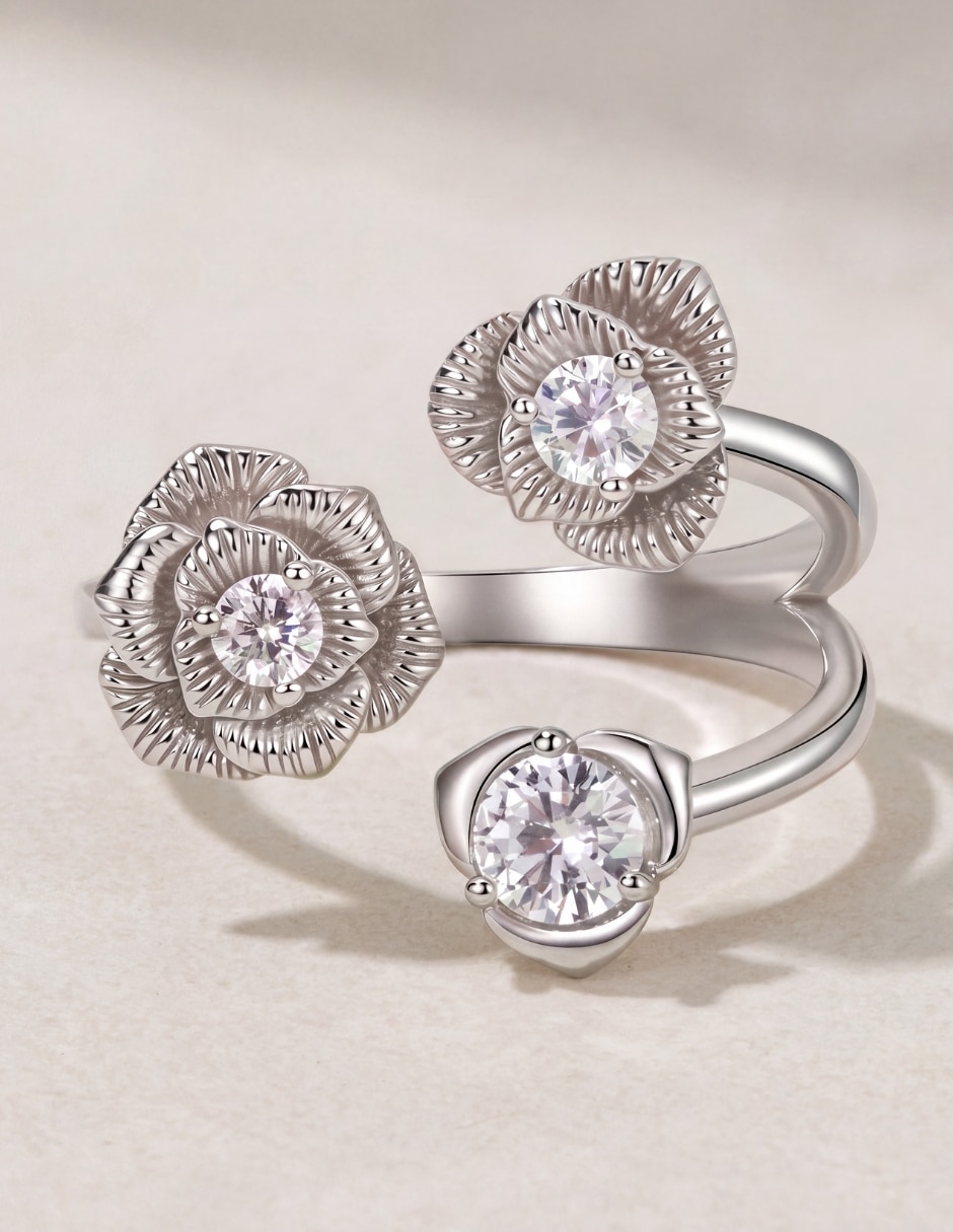 Anillo con gema De flor nature p 925 de plata circonita pulido 2