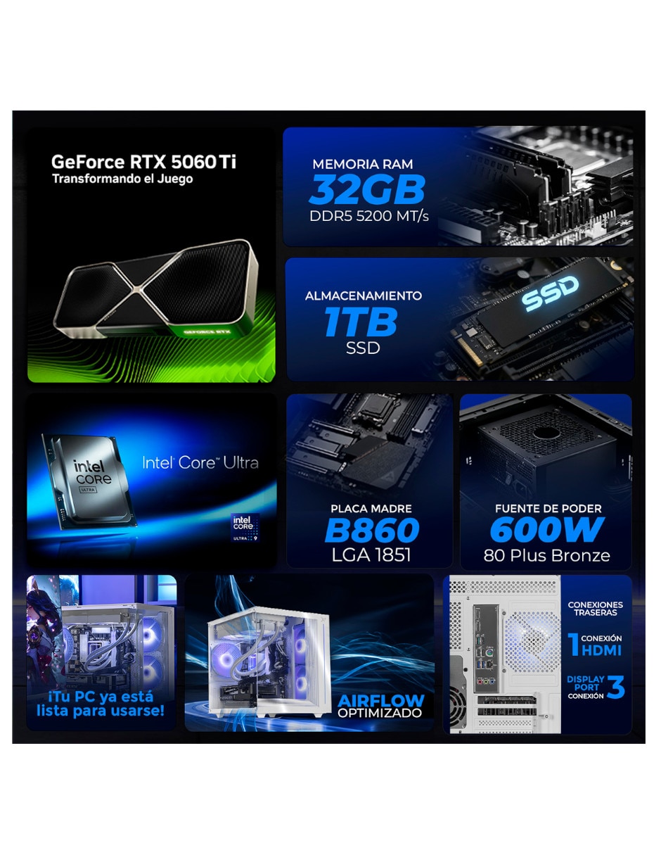 31.5 pulgadas Full HD Intel core ultra 9 NVIDIA GeForce RTX 5060 Ti 32 GB RAM No aplica 1 TB SSD No aplica 6
