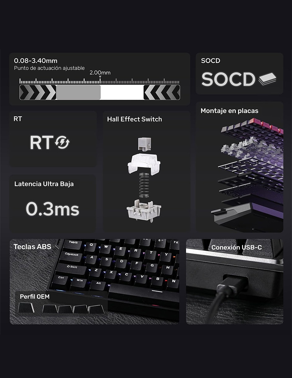 Teclado gamer USB-C QWERT inglés con interruptor Lineal (Red Black) WIN 68 3