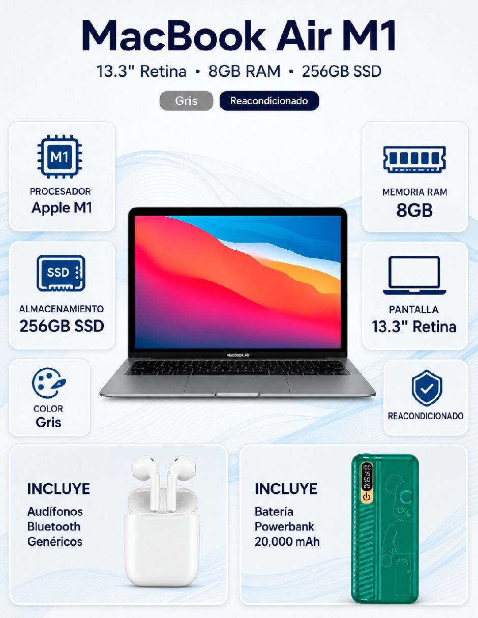 Laptop APPLE MacBook Air 8GB RAM 256GB SSD 13.3 pulgadas 2560 x 1600 M1 8 GB RAM 256 GB SSD reacondicionado