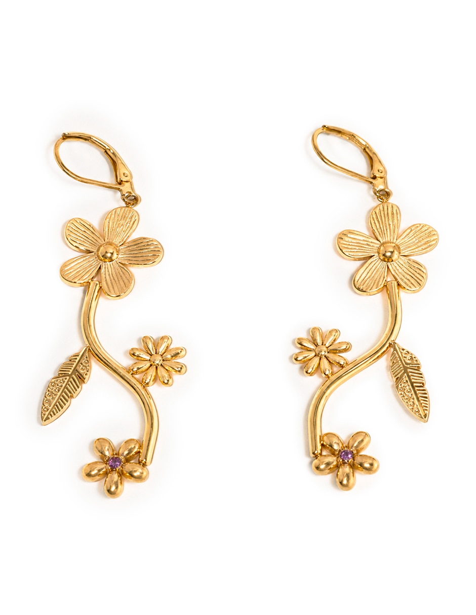 Aretes largos de flor con acabado brillante circonita 3