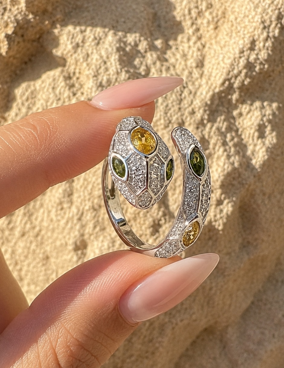 Anillo con gema de serpiente yoiko serpentina peridoto