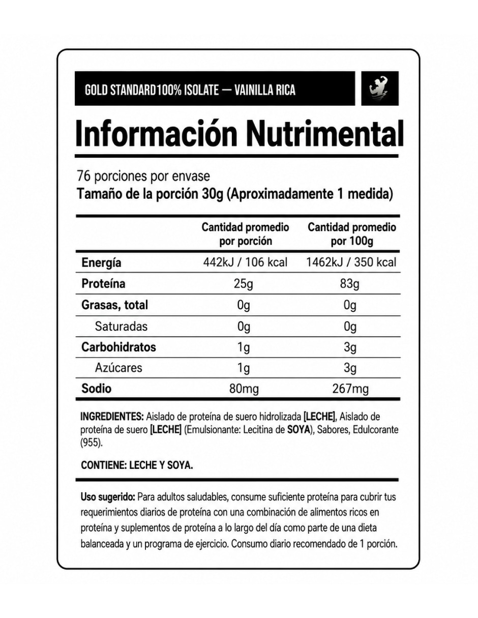 Proteína gold standard 100% isolate 5 lbs optimum nutrition con proteína sabor vainilla 2