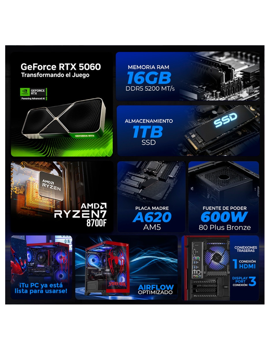 Computadora gamer 27 pulgadas full hd amd ryzen 7 nvidia geforce rtx 5060 16 gb ram 1 tb ssd