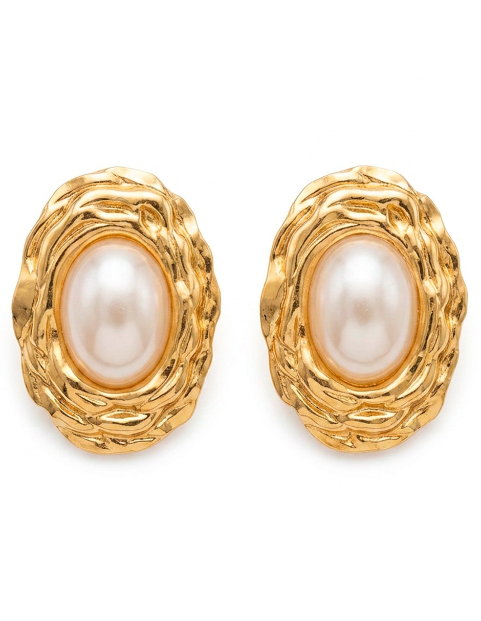 Aretes cortos ovalada ana maria mexico 18 k con acabado baño de oro perla