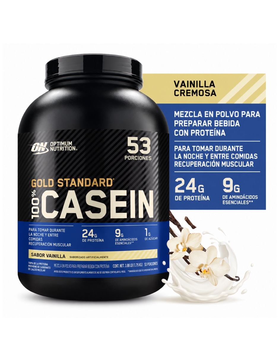 Bote de proteína gold standard 100% casein 3.85 lbs optimum nutrition con proteína sabor vainilla 2