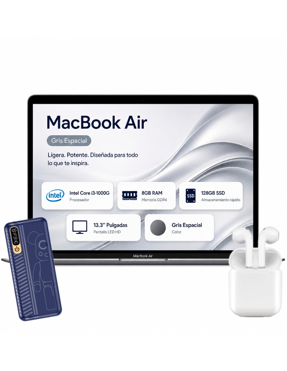 MacBook Air Retina 13.3 pulgadas 2560 x 1600 Intel Core i3 Intel Iris Plus 8 GB RAM 128 GB MacBook Air Retina 13.3 pulgadas 2560 x 1600 Intel Core i3 Intel Iris Plus 8 GB RAM 128 GB