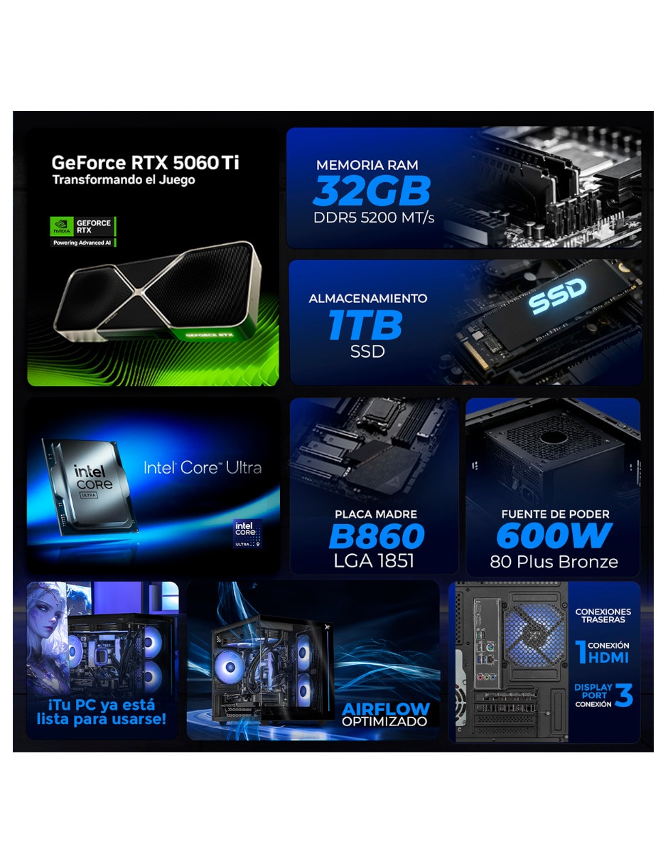 Computadora gamer XTPCU932GB55060TIMCCB 31.5 pulgadas Full HD Intel core ultra 9 NVIDIA GeForce RTX 5060 Ti 32 GB RAM 1 TB 9