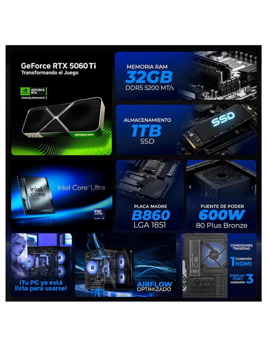Computadora gamer XTPCU932GB55060TICCB Intel core ultra 9 NVIDIA GeForce RTX 5060 Ti 32 GB RAM 1 TB 9