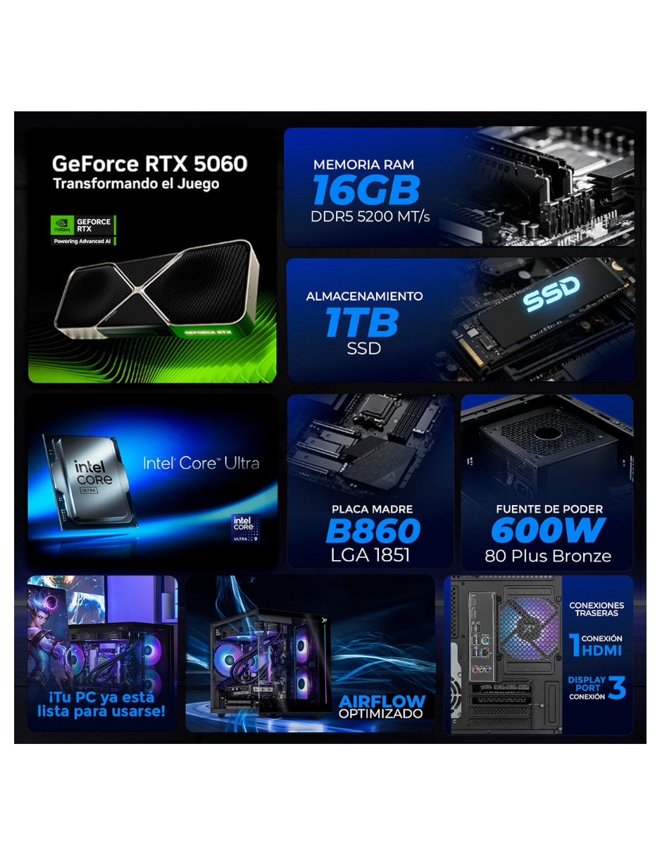 Computadora gamer Intel core ultra 9 Nvidia GeForce RTX 5060 16 GB RAM 1 TB 9
