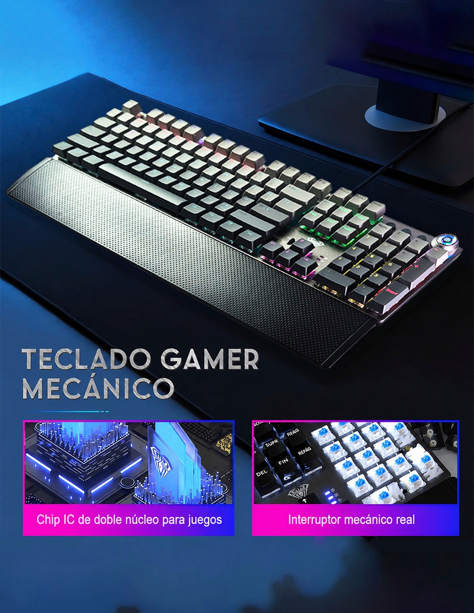 Teclado gamer USB-C QWERT inglés con interruptor táctiles Brown Clear Aula F2088 AIR