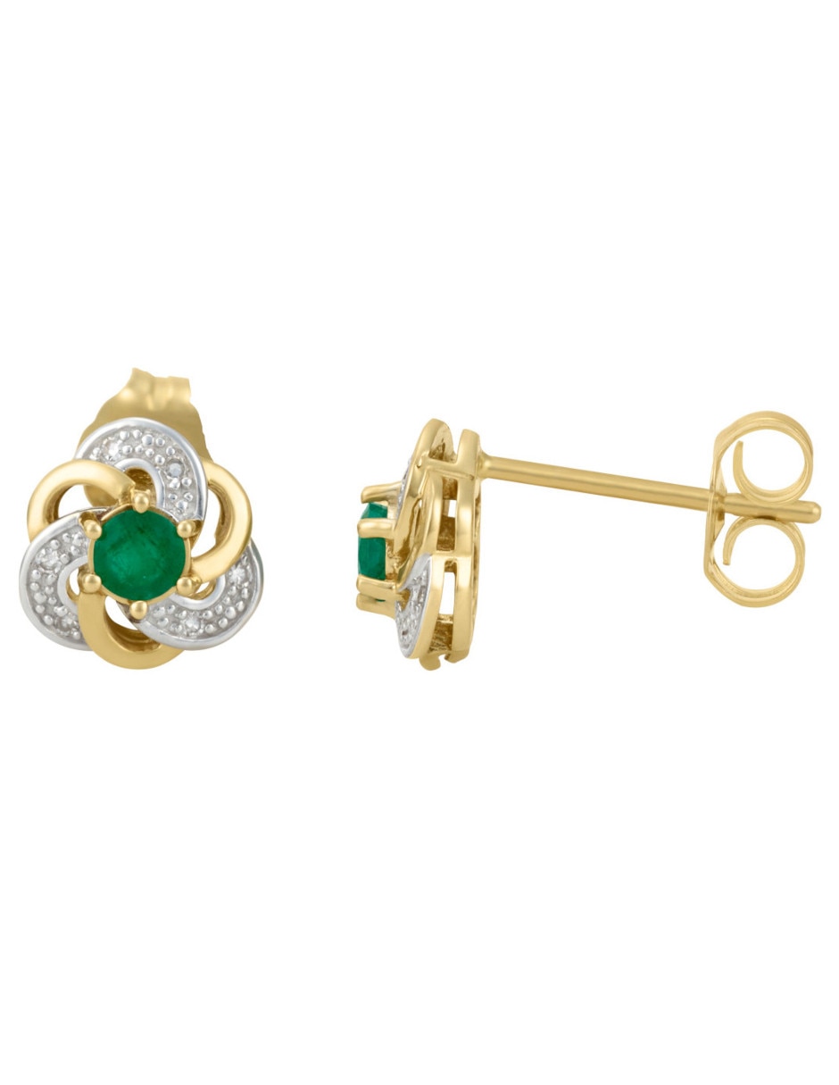 Broqueles de flor de oro 14 K con acabado brillante esmeralda y diamante