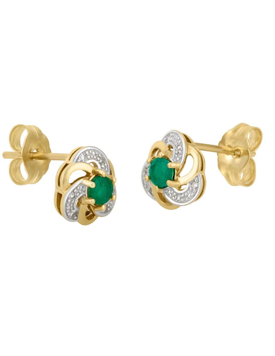 Broqueles de flor de oro 14 K con acabado brillante esmeralda y diamante