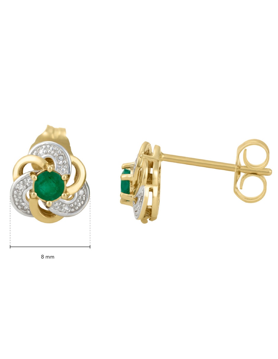Broqueles de flor de oro 14 K con acabado brillante esmeralda y diamante