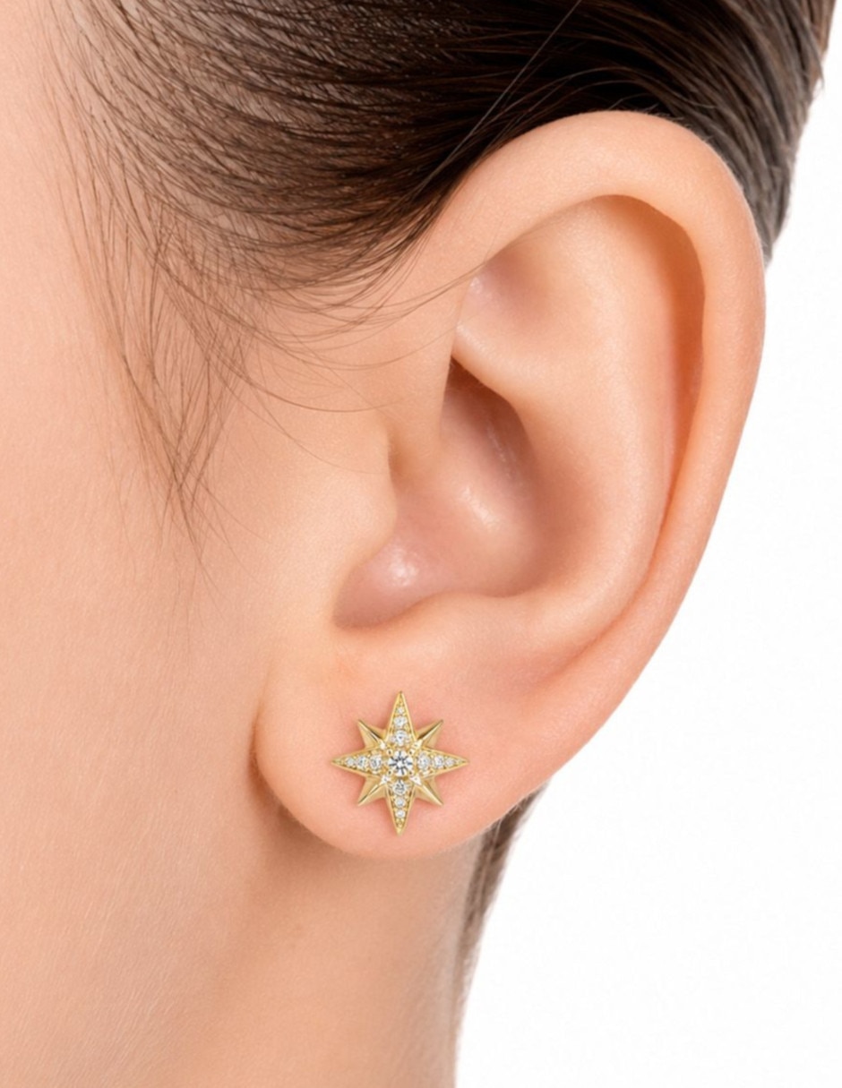 Broqueles de estrella de oro 14 K con acabado brillante diamante