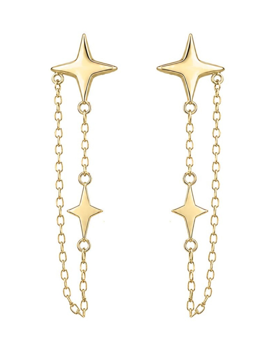 Aretes largos de estrella de oro 14 K con acabado brillante