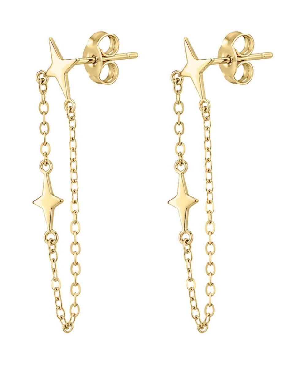 Aretes largos de estrella de oro 14 K con acabado brillante