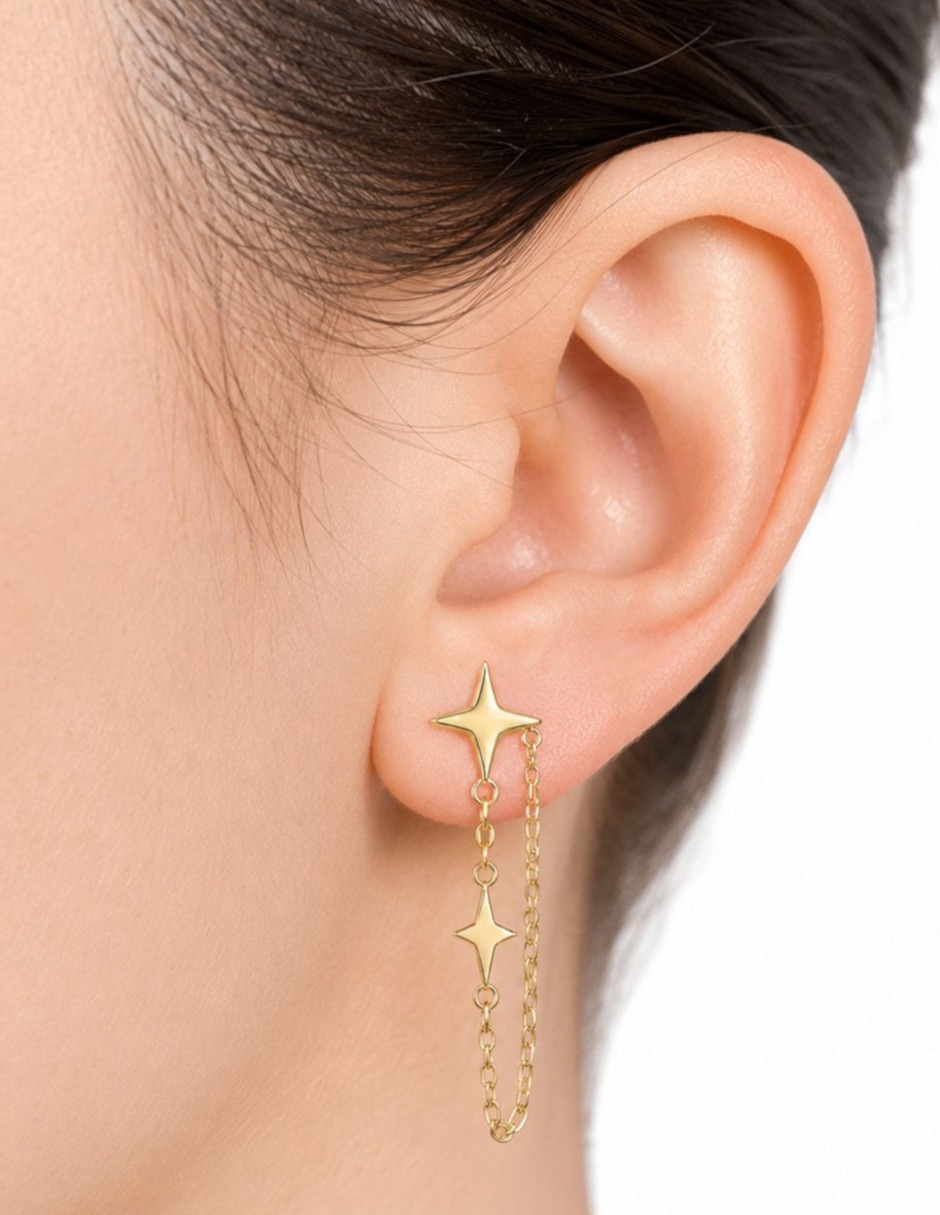 Aretes largos de estrella de oro 14 K con acabado brillante