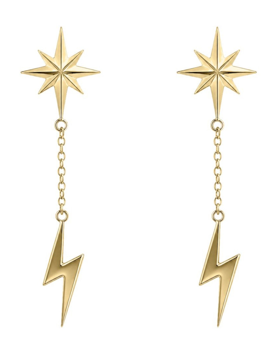 Aretes largos de rayo de oro 14 K con acabado brillante