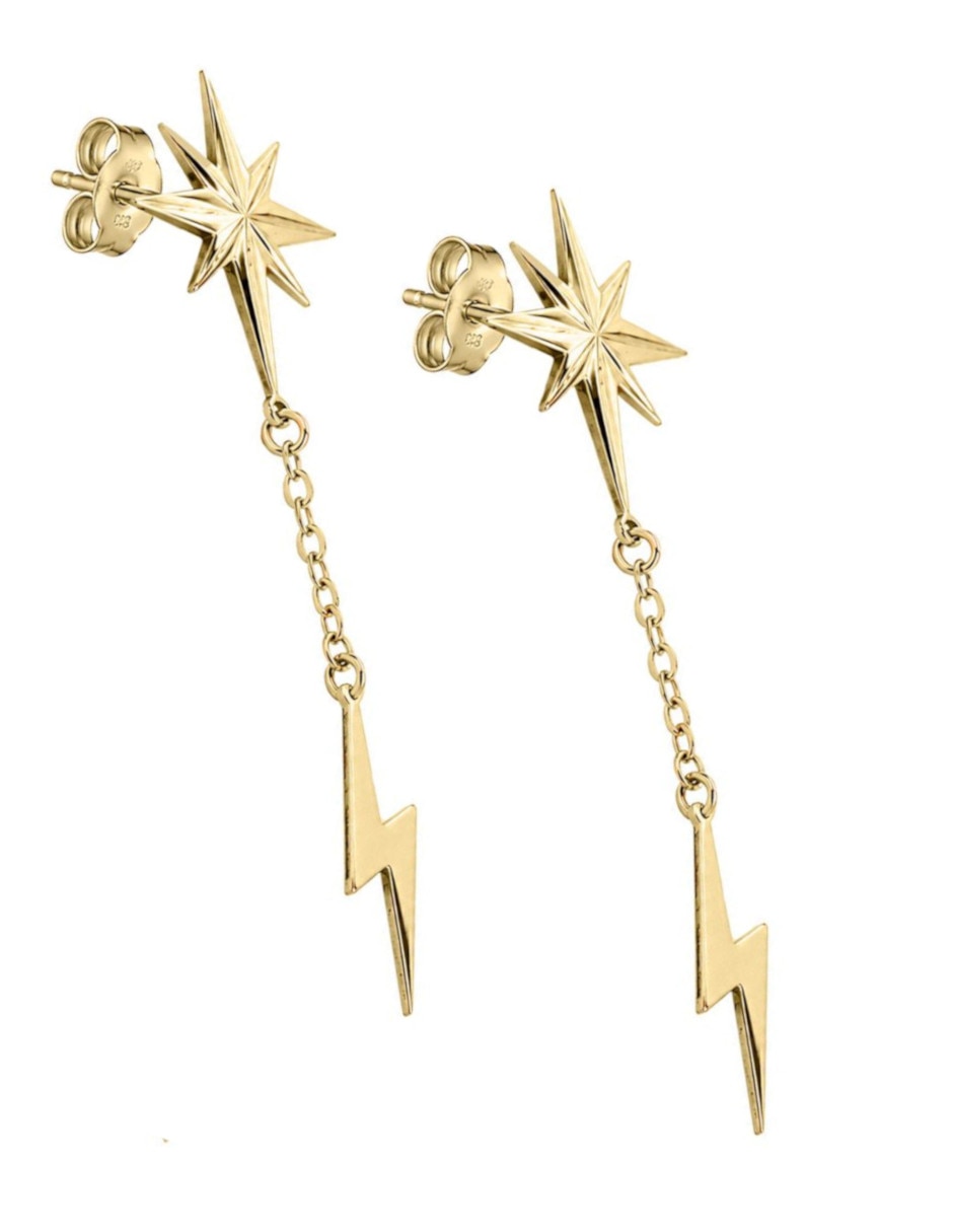 Aretes largos de rayo de oro 14 K con acabado brillante