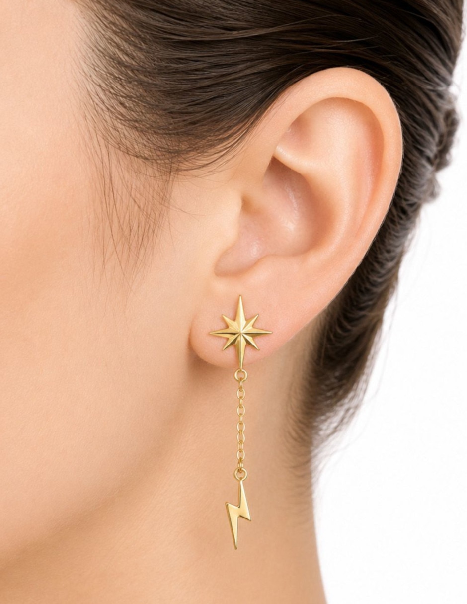Aretes largos de rayo de oro 14 K con acabado brillante