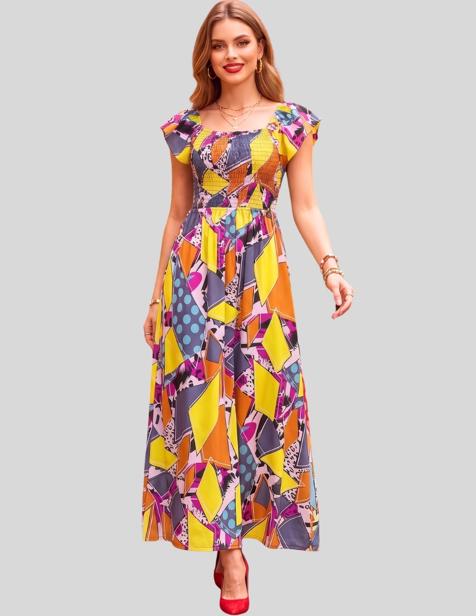 Vestido Maxi Casual Vestido Largo Mujer Estampado Vestido Casual Elegante con Espalda Abierta y Lazo para mujer