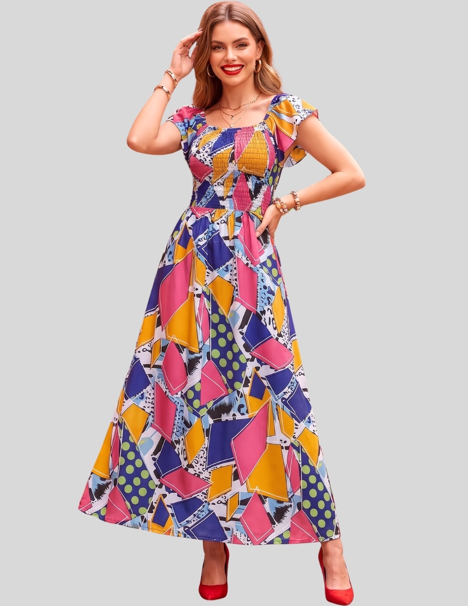 Vestido Maxi Casual Vestido Largo Mujer Estampado Vestido Casual Elegante con Espalda Abierta y Lazo para mujer 1