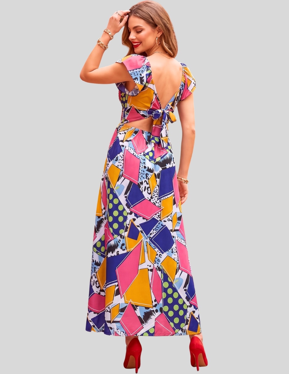 Vestido Maxi Casual Vestido Largo Mujer Estampado Vestido Casual Elegante con Espalda Abierta y Lazo para mujer 3