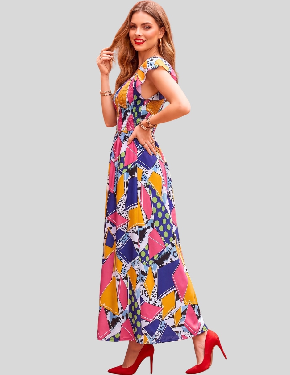 Vestido Maxi Casual Vestido Largo Mujer Estampado Vestido Casual Elegante con Espalda Abierta y Lazo para mujer 4