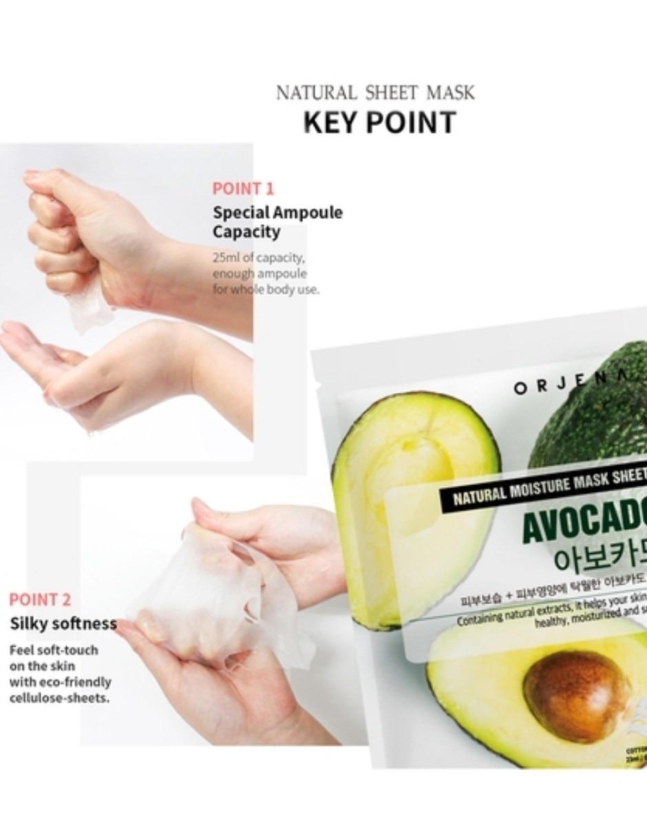 Set mascarilla facial Natural Celulosa Aguacate para nutrir Orjena 23 ml