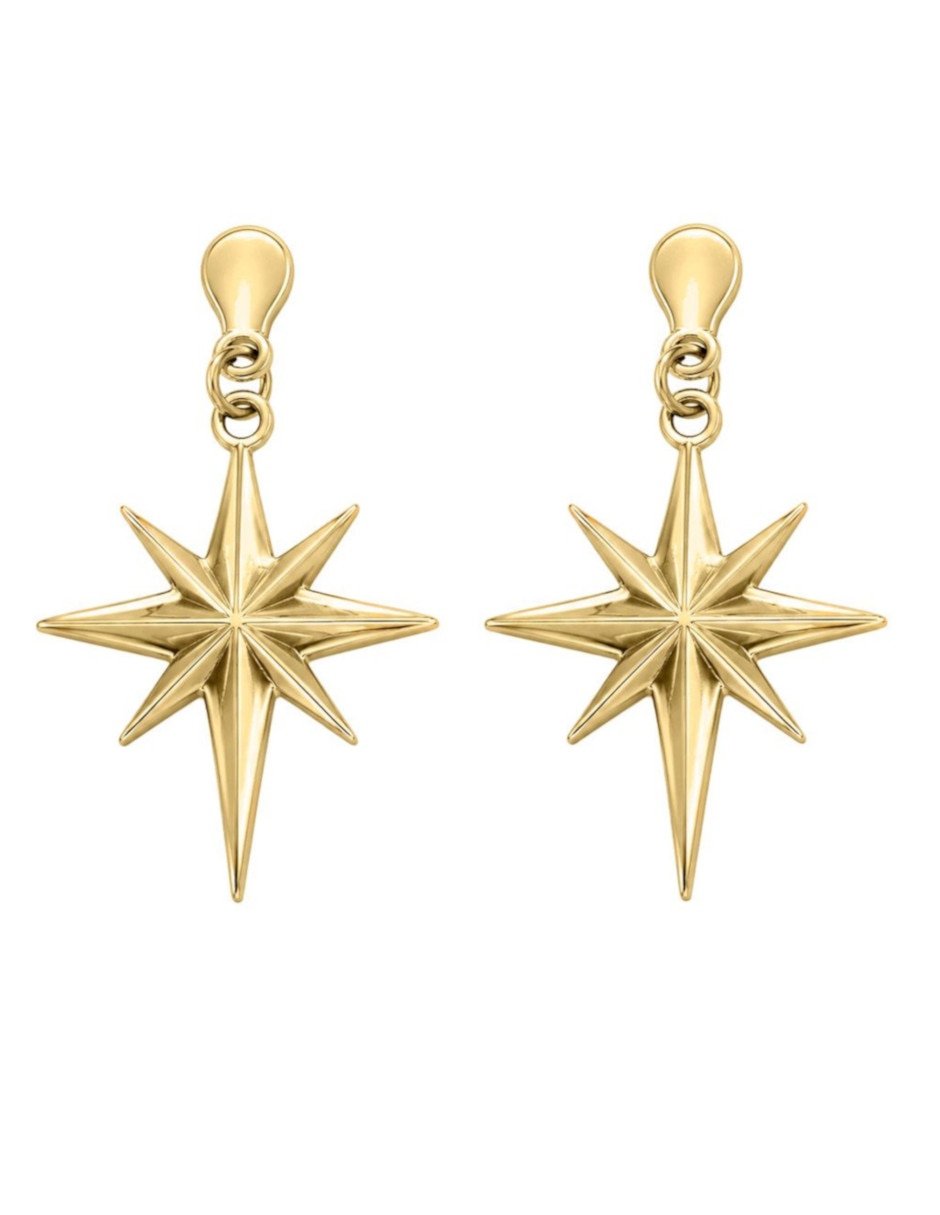 Aretes largos de estrella de oro 14 K con acabado brillante