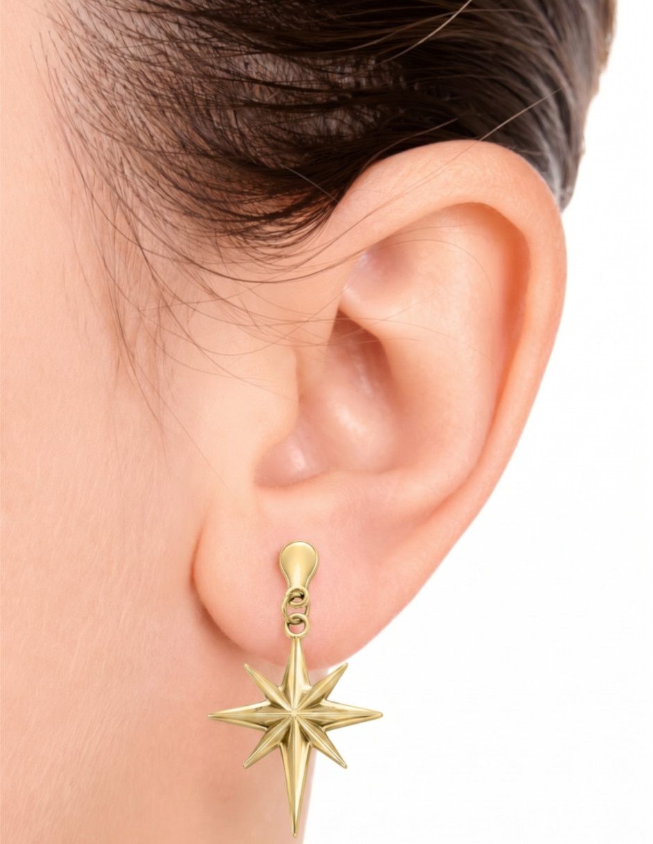 Aretes largos de estrella de oro 14 K con acabado brillante