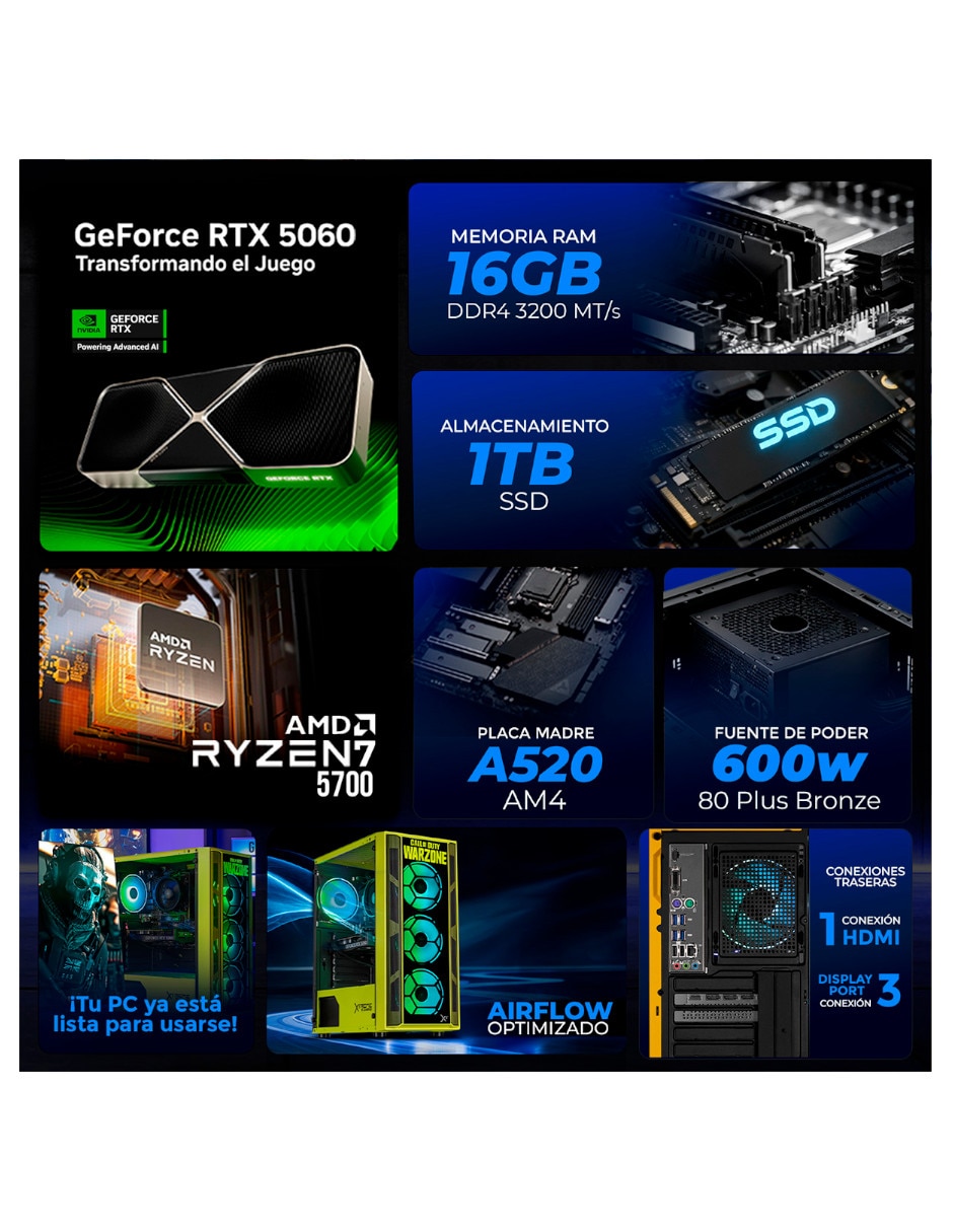 Computadora gamer 27 pulgadas full hd amd ryzen 7 nvidia geforce rtx 5060 16 gb ram 1 tb ssd 8
