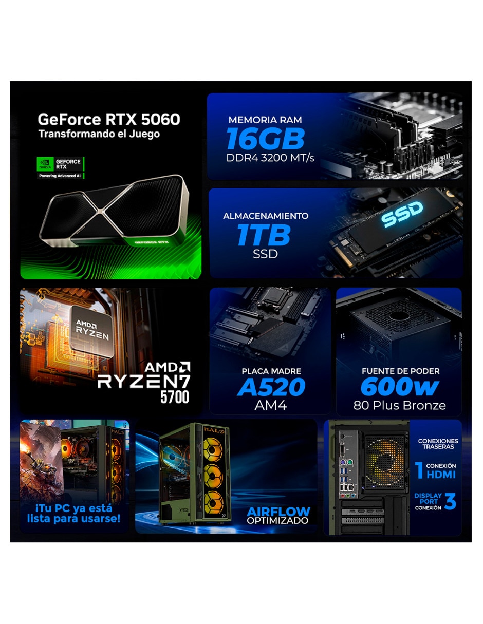 Computadora gamer 27 pulgadas full hd amd ryzen 7 nvidia geforce rtx 5060 16 gb ram 1 tb ssd 7