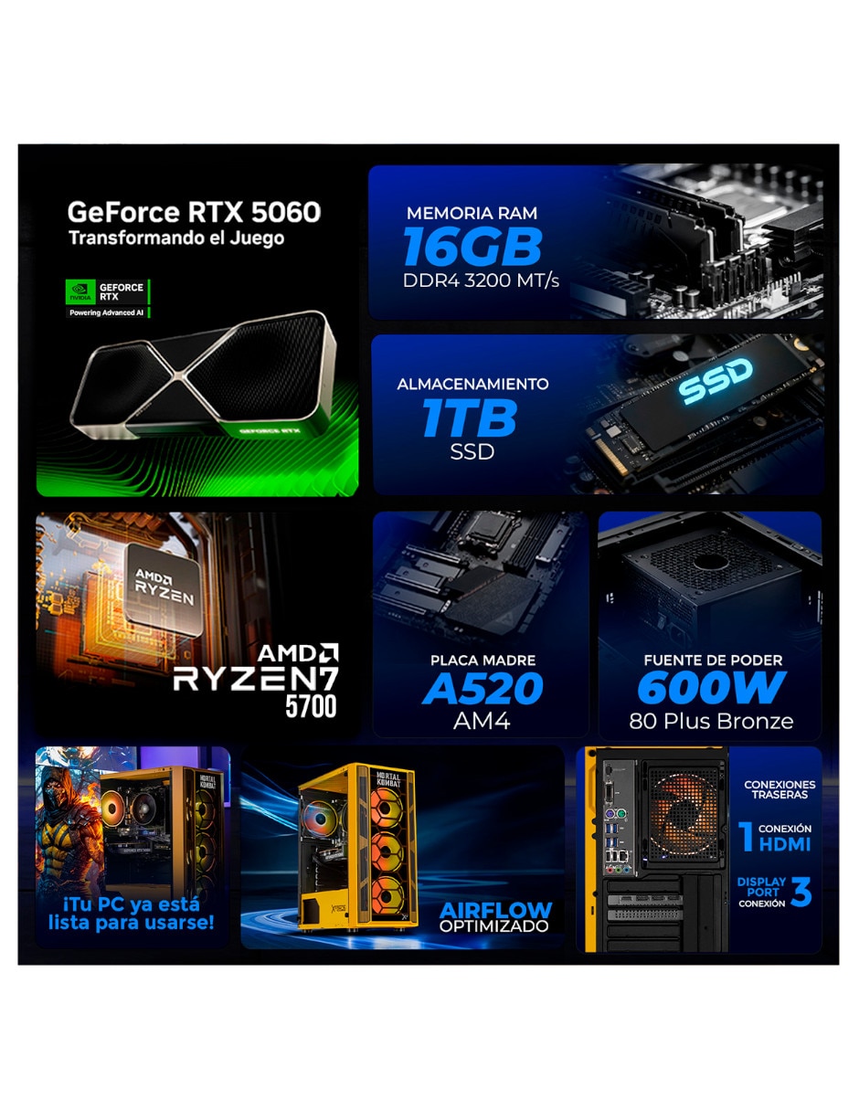Computadora gamer 27 pulgadas full hd amd ryzen 7 nvidia geforce rtx 5060 16 gb ram 1 tb ssd 8