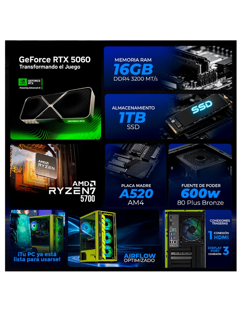 Computadora gamer 27 pulgadas full hd amd ryzen 7 nvidia geforce rtx 5060 16 gb ram 1 tb ssd 8