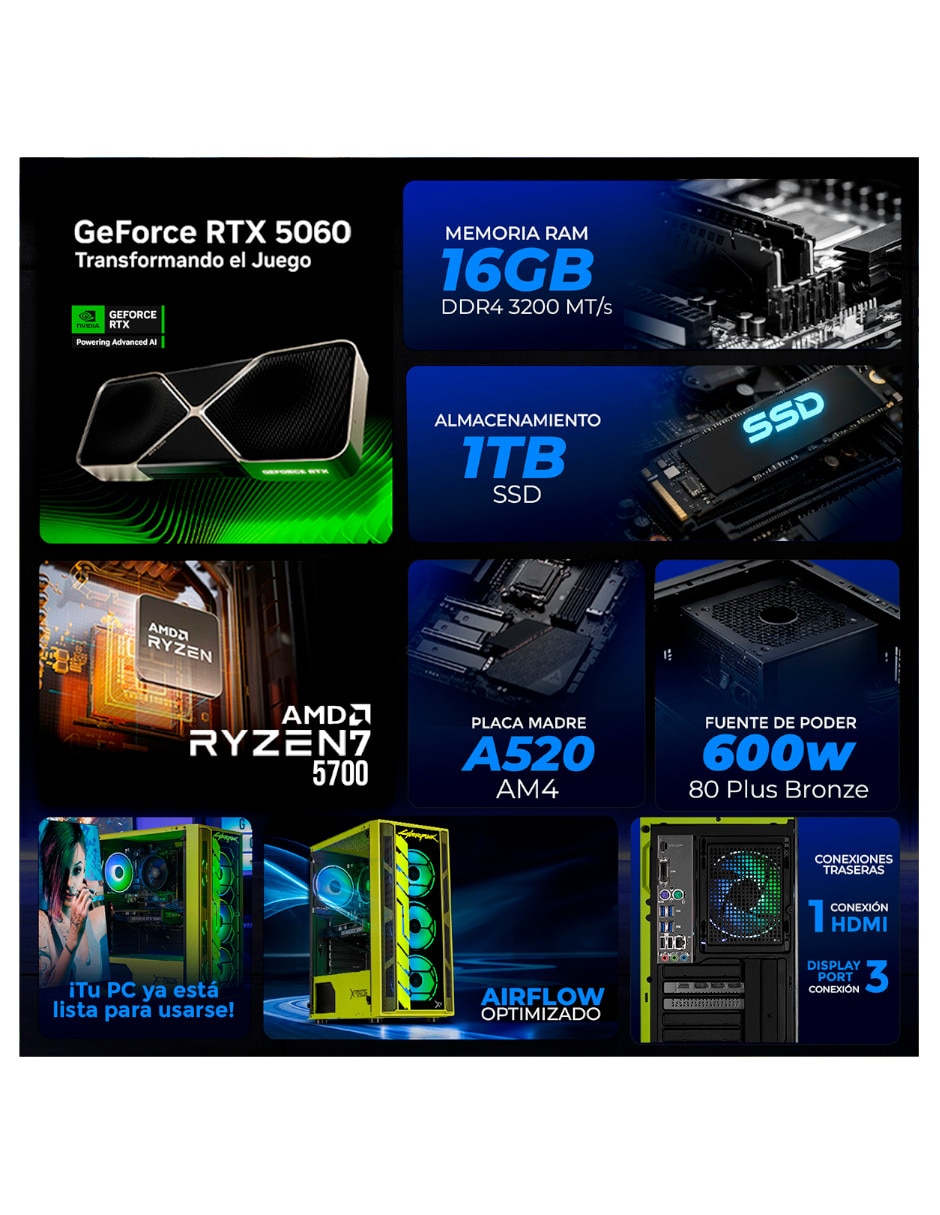Computadora gamer 27 pulgadas full hd amd ryzen 7 nvidia geforce rtx 5060 16 gb ram 1 tb ssd 7