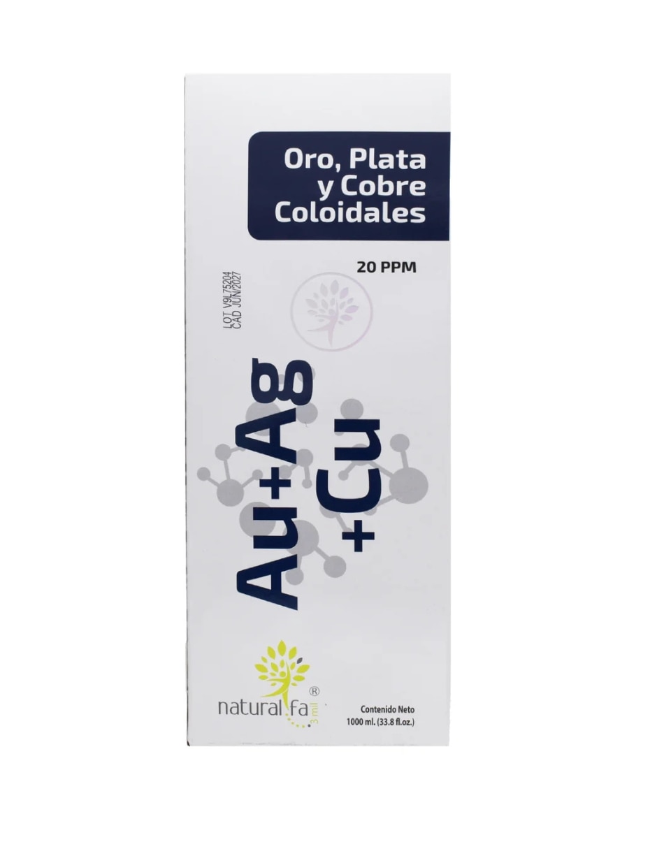 Oro+Plata+Cobre 3 en1 minerales Coloidales 20 ppm calidad premium 1 lt Natural