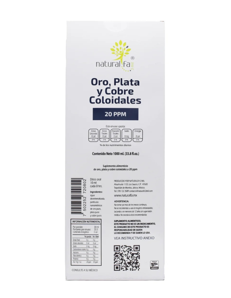 Oro+Plata+Cobre 3 en1 minerales Coloidales 20 ppm calidad premium 1 lt