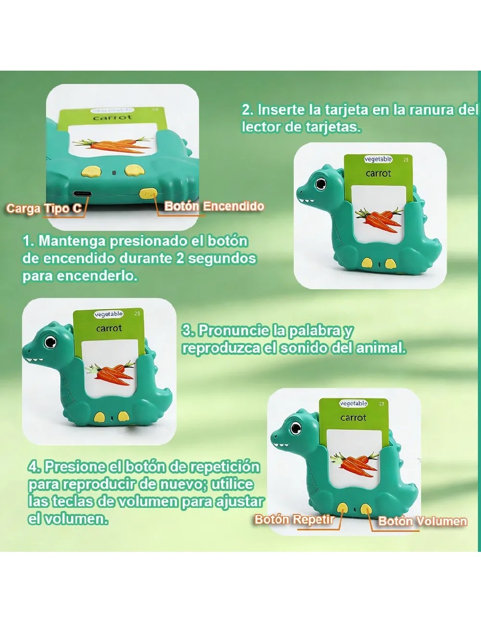 Tarjeta educativa dinosaurio verde juego didáctico unisex 2