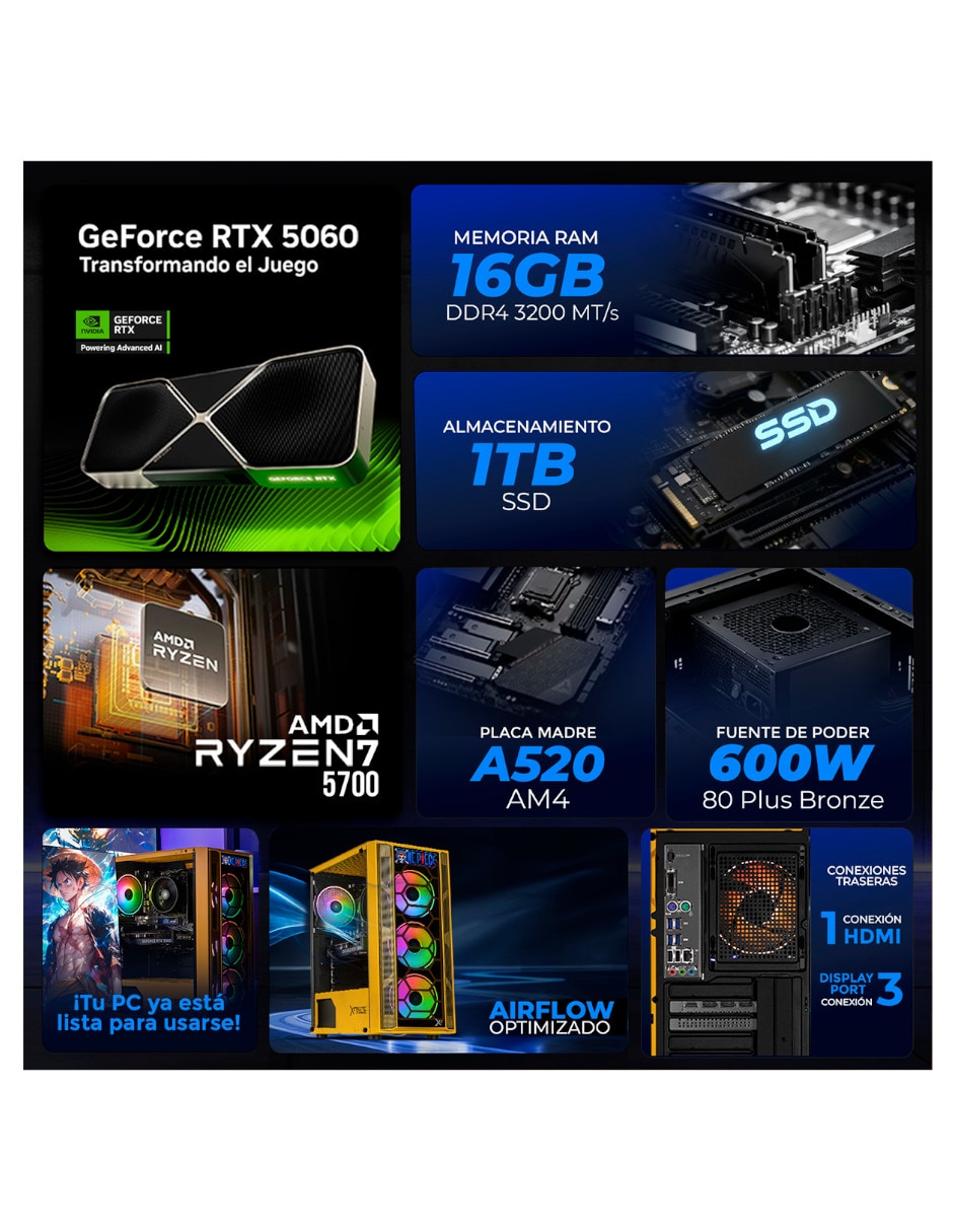 Computadora gamer 27 pulgadas full hd amd ryzen 7 nvidia geforce rtx 5060 16 gb ram 1 tb ssd 10
