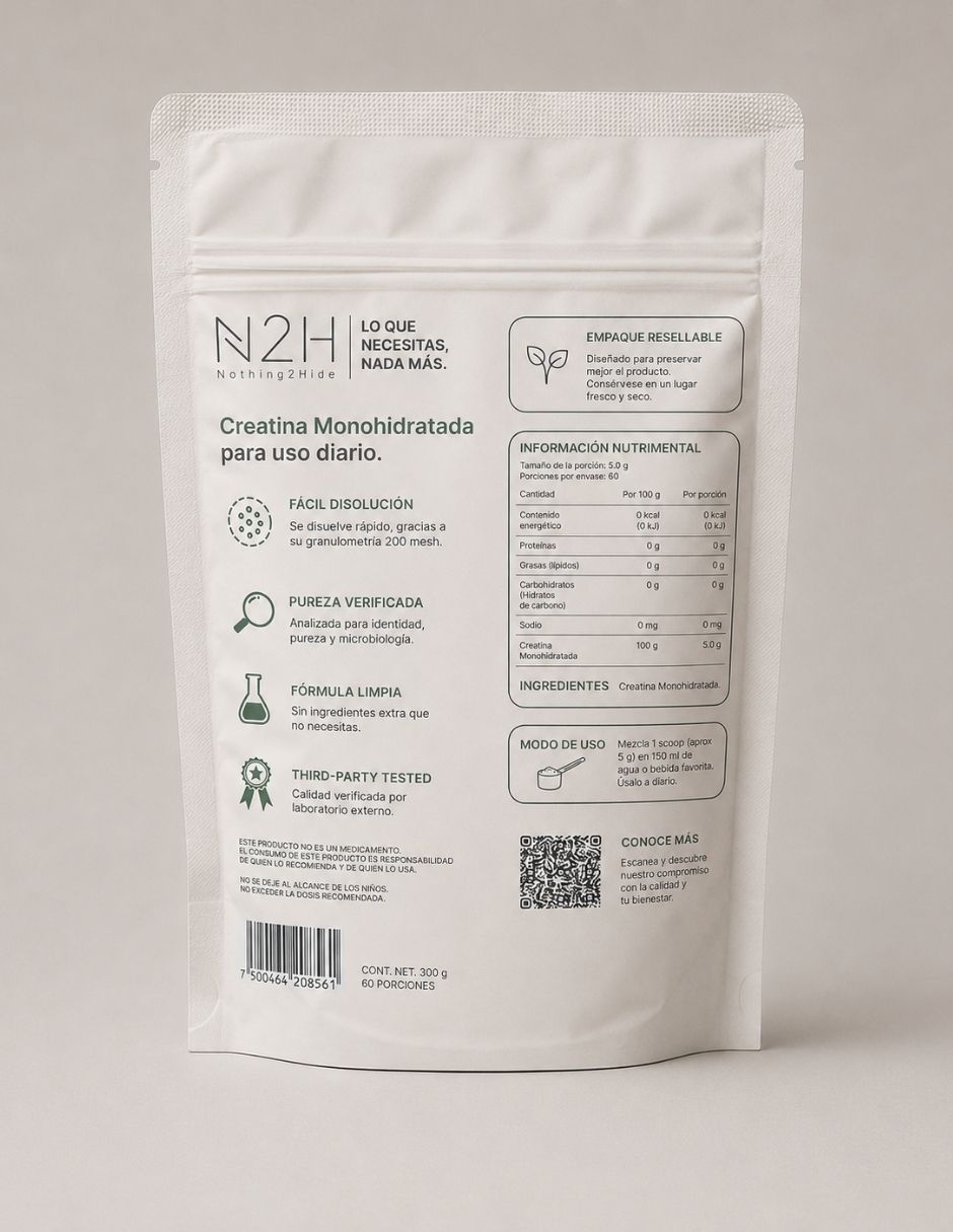 Creatina monohidratada n2h 100% pura sin sabor 300 g con creatina monohidratada 6